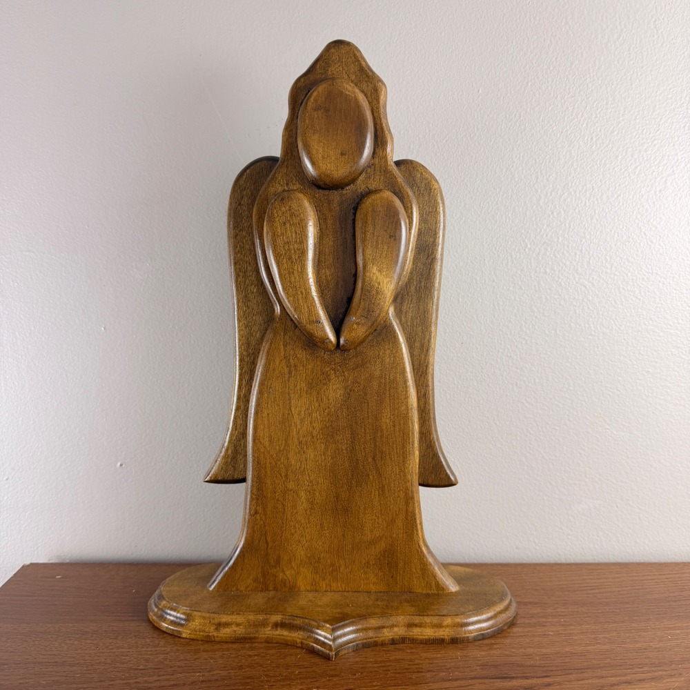 Wooden Angel Figurine Rustic Folk Art Praying Guardian Angel Sculpture Decor